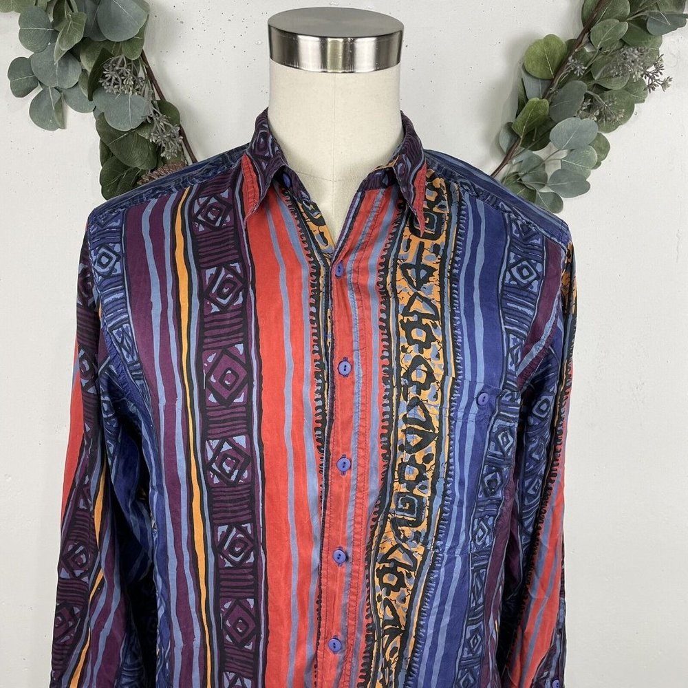 Vintage Creative Edge Mens Shirt M Button Front 100% Silk 90s Geometric Print